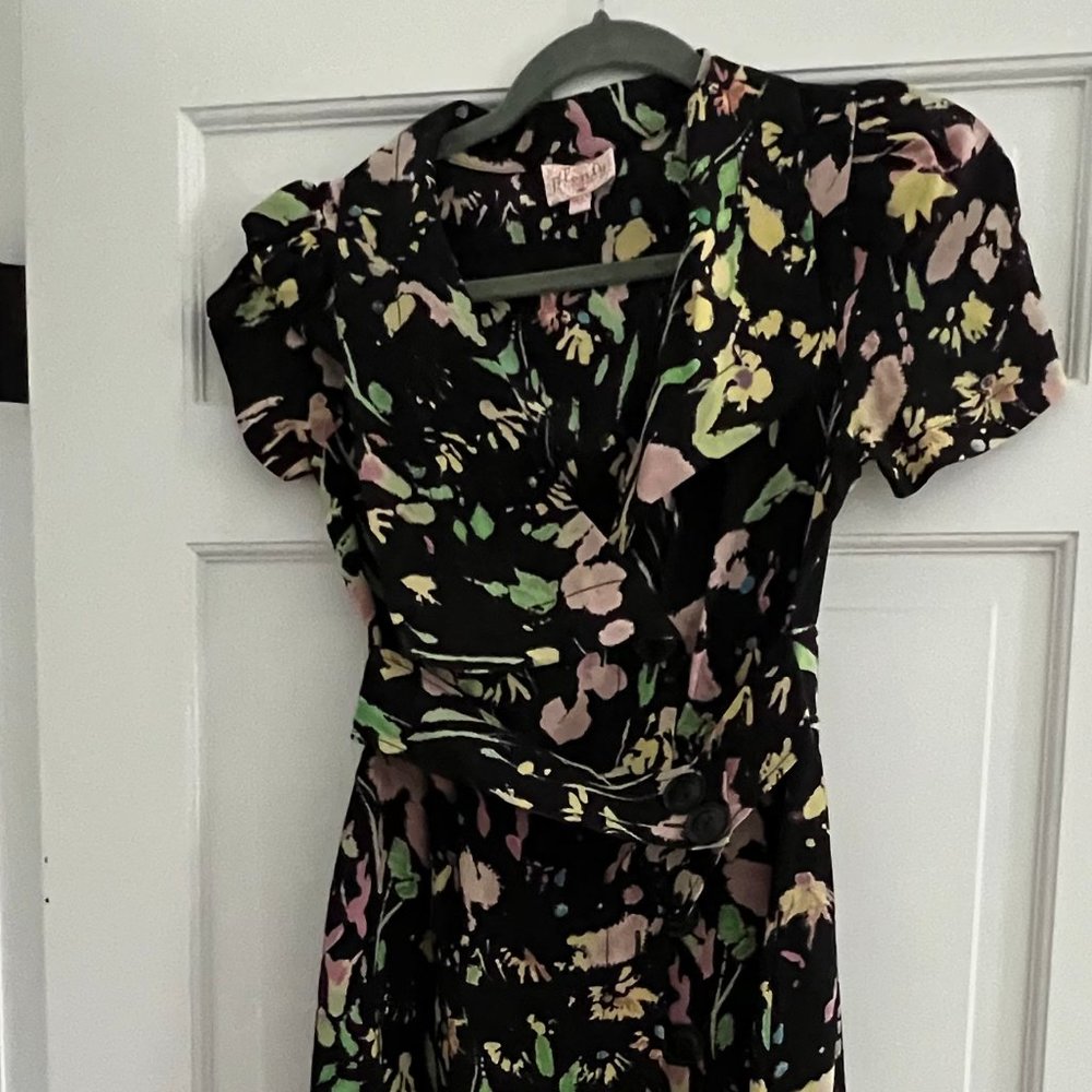 Black dress with pink, yellow and green print